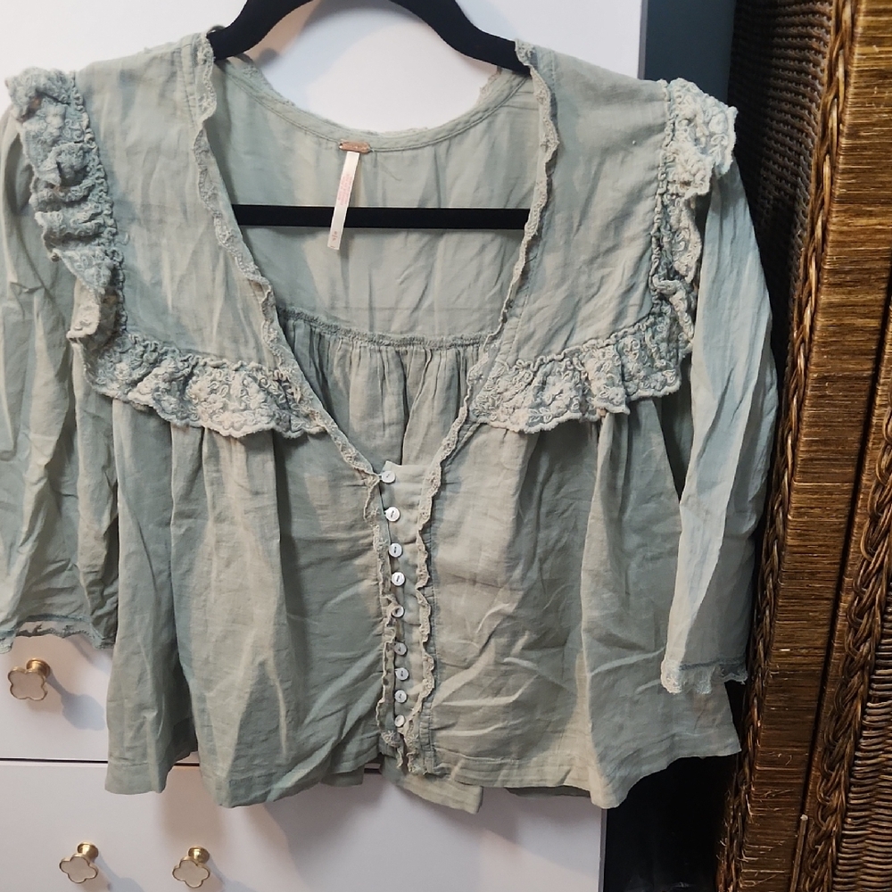 Free People Sage Green Ruffled Blouse